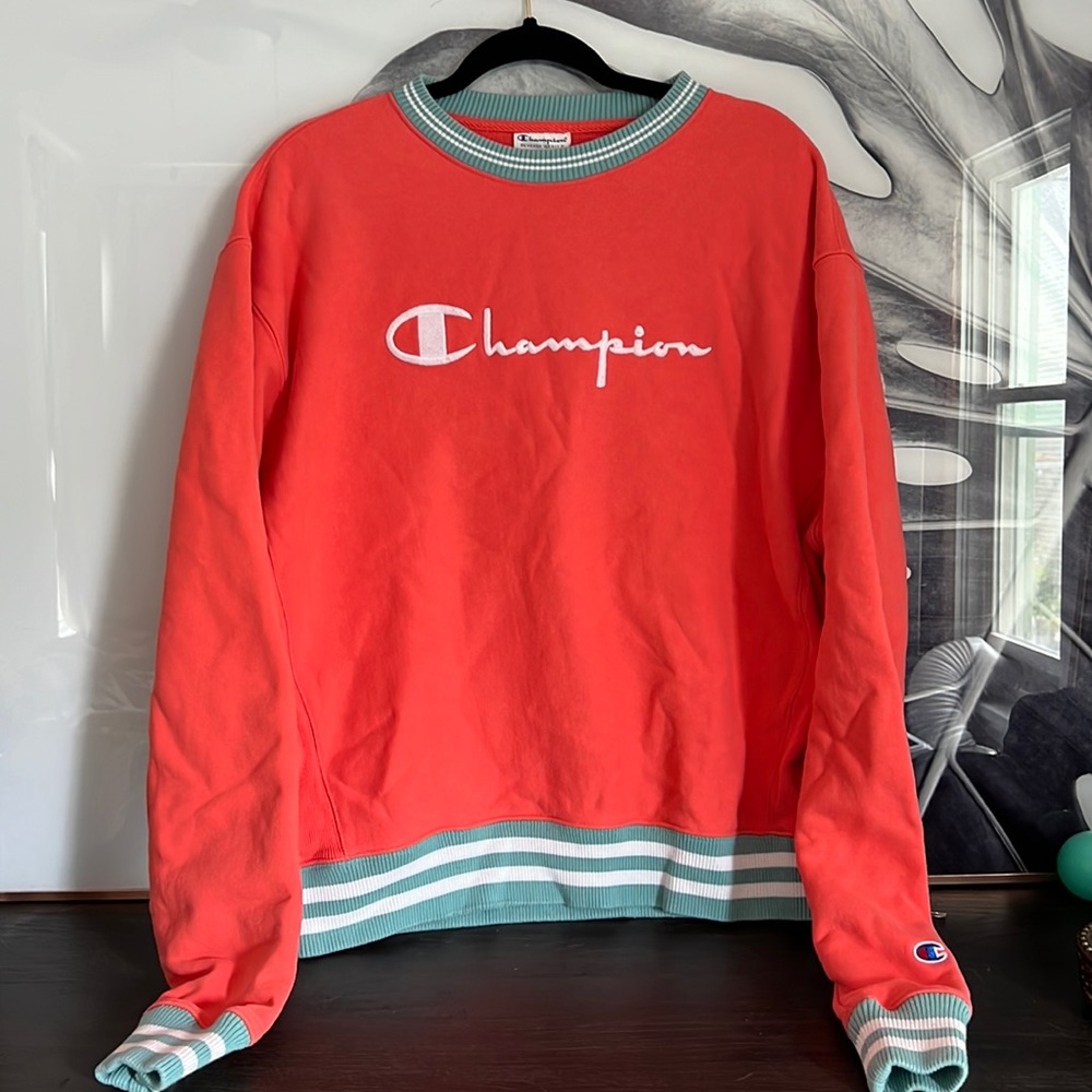 CHAMPION Men's Reverse Weave Crew Neck Pullover Sweatshirt Coral/Teal